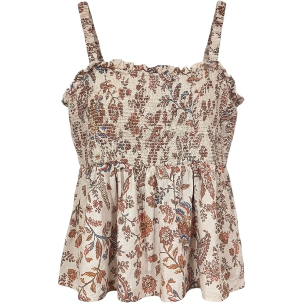 Old Navy Smocked Floral Peplum Top Large Cream Boho Cottagecore Ruffle Strap
